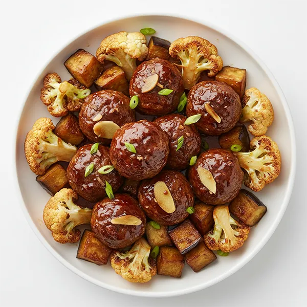 Wagyu Beef Meatballs Tossed In Oyster Sauce With Ginger Cauliflower And Eggplant